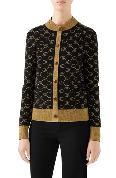 Shop Gucci Metallic Gg Cardigan In Black/ Gold