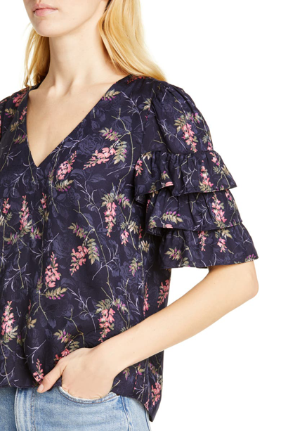 Shop Rebecca Taylor Tiered Ruffle Sleeve Silk Blend Blouse In Navy Combo