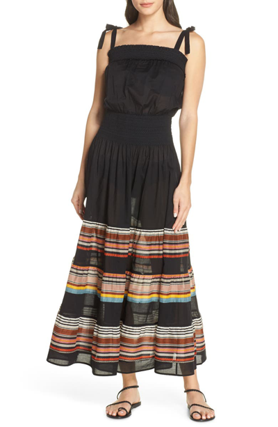 Shop Tory Burch Smocked Cover-up Maxi Dress In Black / Webbing Stripe