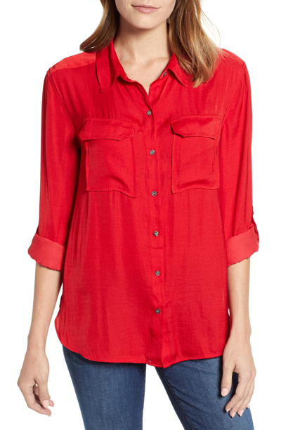 Shop Vince Camuto Two-pocket Rumple Blouse In Fireside