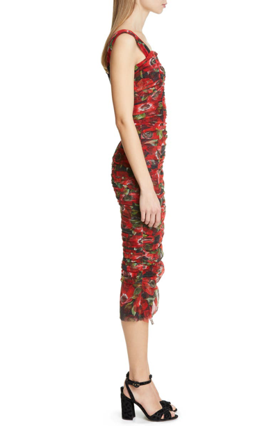 Shop Dolce & Gabbana Floral Print Ruched Tulle Sheath Dress In Hnaa5 Red