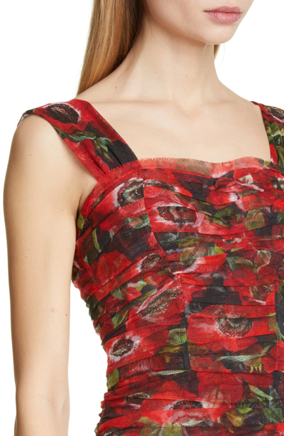 Shop Dolce & Gabbana Floral Print Ruched Tulle Sheath Dress In Hnaa5 Red
