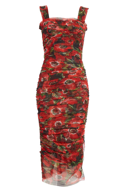 Shop Dolce & Gabbana Floral Print Ruched Tulle Sheath Dress In Hnaa5 Red