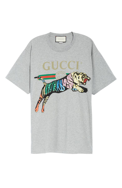 Shop Gucci Sequin Tiger Logo Tee In Grey Melange