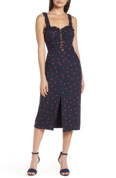Shop Finders Keepers Lola Lace-up Midi Dress In Navy Strawberry