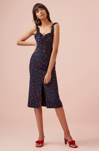 Shop Finders Keepers Lola Lace-up Midi Dress In Navy Strawberry