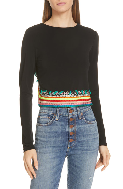 Shop Alice And Olivia Delaina Embroidered Crop Top In Black/ Multi