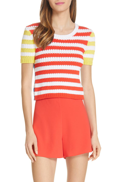 Shop Alice And Olivia Ciara Stripe Short Sleeve Crop Sweater In Multi