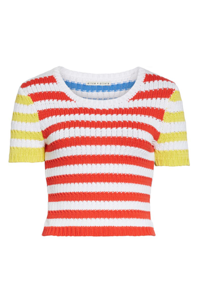 Shop Alice And Olivia Ciara Stripe Short Sleeve Crop Sweater In Multi