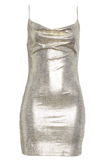 Shop Alice And Olivia Harmie Cowl Neck Metallic Chambray Minidress In Silver