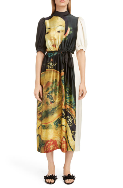 Shop Simone Rocha Lady Print Belted Silk Dress In Black/ Cream