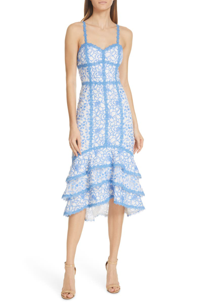 Shop Alice And Olivia Diane Tiered High/low Dress In Cornflower/ White