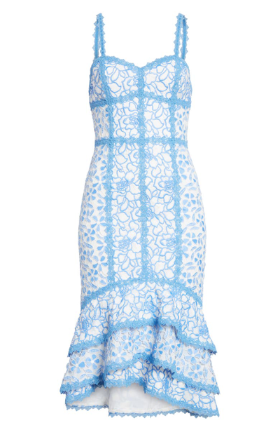 Shop Alice And Olivia Diane Tiered High/low Dress In Cornflower/ White