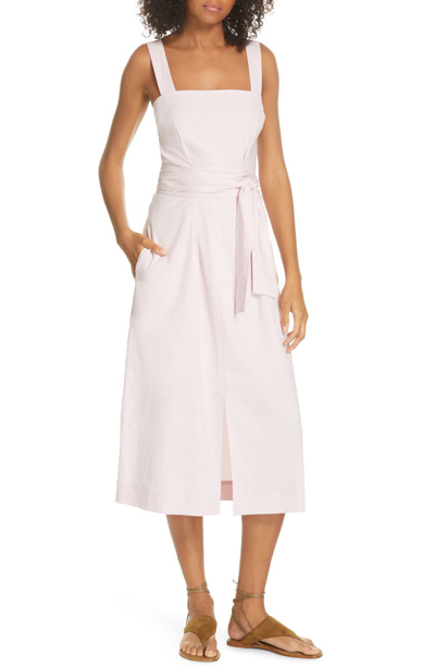 Shop Vince Wide Strap Belted Linen Blend Dress In Rosa Seco