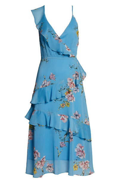 Shop Avec Les Filles Painterly Boutique Ruffle Georgette Dress In Cerulean Multi