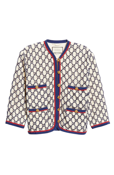 Shop Gucci Gg Macrame Crop Jacket In White Magnolia/ Blue