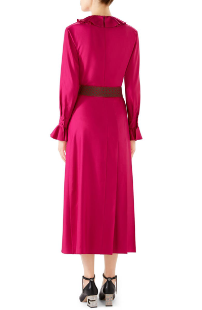 Shop Gucci Ruffle Front Silk Twill Dress In Hot Pink