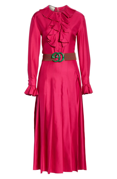 Shop Gucci Ruffle Front Silk Twill Dress In Hot Pink