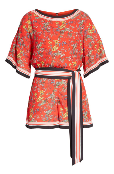 Shop Alice And Olivia Bowie Floral Belted Romper In Sm Freesia Blossm Bt Poppy/ Mt