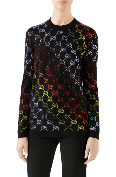 Shop Gucci Gg Crystal Embellished Wool Sweater In Black/ Multicolor