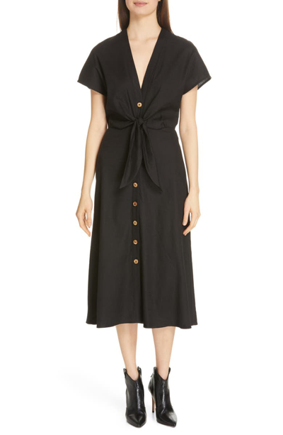 Shop Veronica Beard Giana Tie Waist Linen Blend Midi Dress In Black