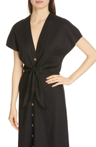Shop Veronica Beard Giana Tie Waist Linen Blend Midi Dress In Black