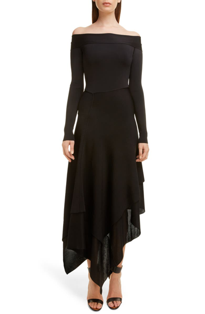 Shop Victoria Beckham Long Sleeve Off The Shoulder Asymmetrical Dress In Black