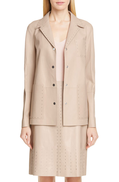 Shop Lafayette 148 Jolisa Grommet Detail Leather Jacket In Taupe