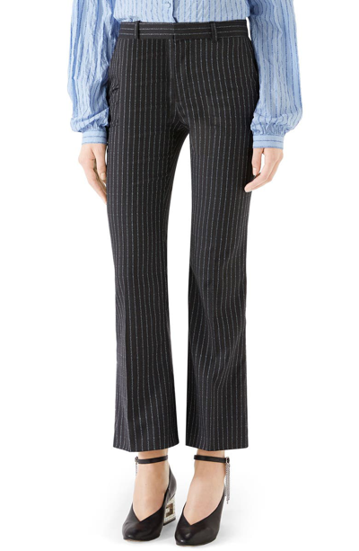 Shop Gucci Logo Stripe Bootcut Wool Pants In Dark Grey/ Azure