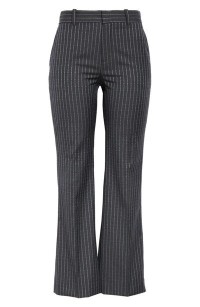 Shop Gucci Logo Stripe Bootcut Wool Pants In Dark Grey/ Azure