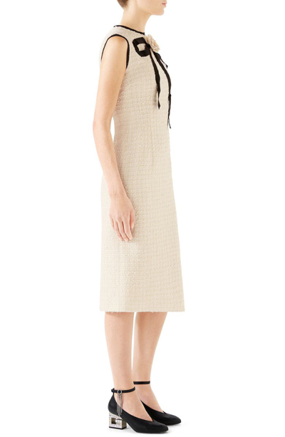 Shop Gucci Bow Tweed Midi Dress In Gardenia