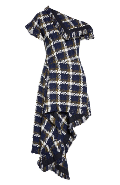 Shop Monse Asymmetrical One Shoulder Tweed Dress In Navy/ Olive