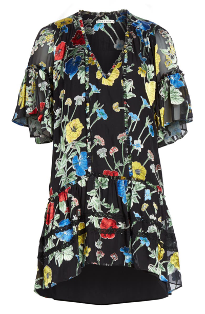 Shop Alice And Olivia Pauline Ruffle Silk Blend Tunic Dress In Med Seine Garden Black/ Multi