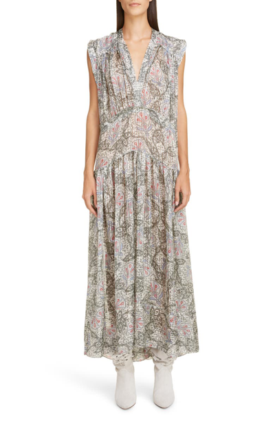 Shop Isabel Marant Paisley Silk Maxi Dress In Ecru/ Blue