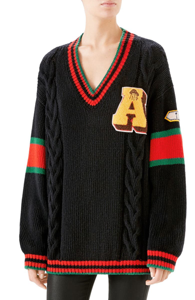 Shop Gucci Cable Knit Wool Varsity Sweater In Black/ Multicolor