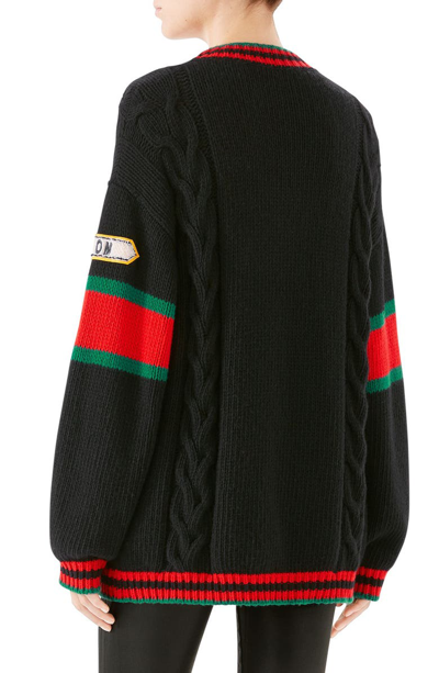 Shop Gucci Cable Knit Wool Varsity Sweater In Black/ Multicolor