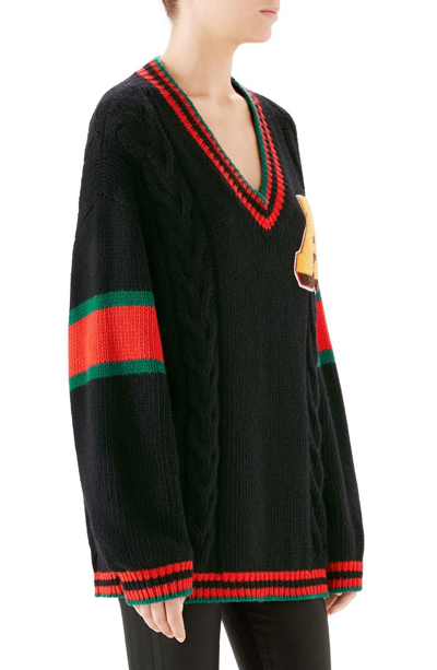 Shop Gucci Cable Knit Wool Varsity Sweater In Black/ Multicolor