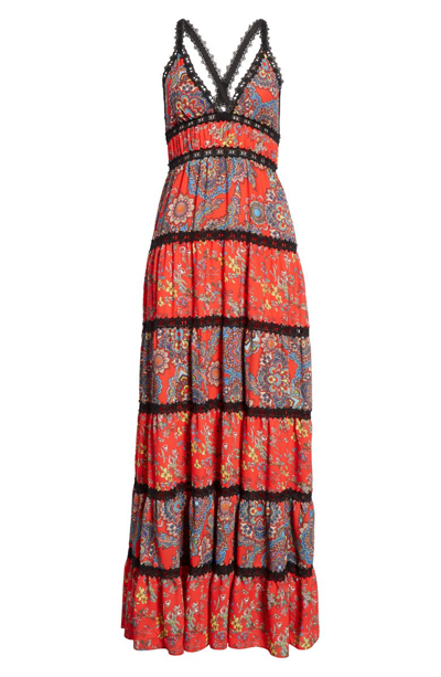 Shop Alice And Olivia Karolina Mixed Print Maxi Dress In Batik Medallion Bt Poppy/ Mult