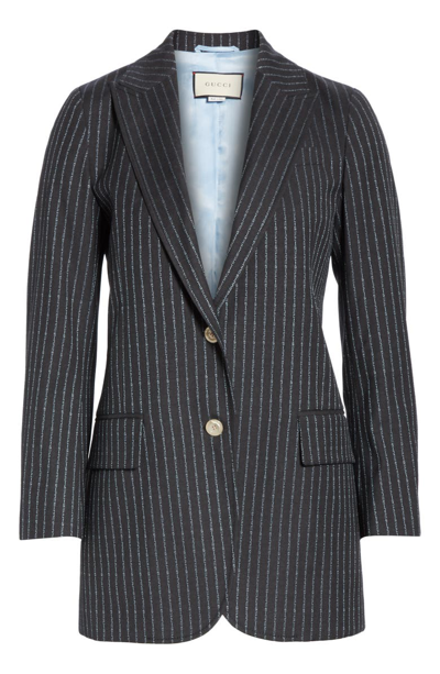 Shop Gucci Logo Stripe Jacket In Dark Grey/ Azure