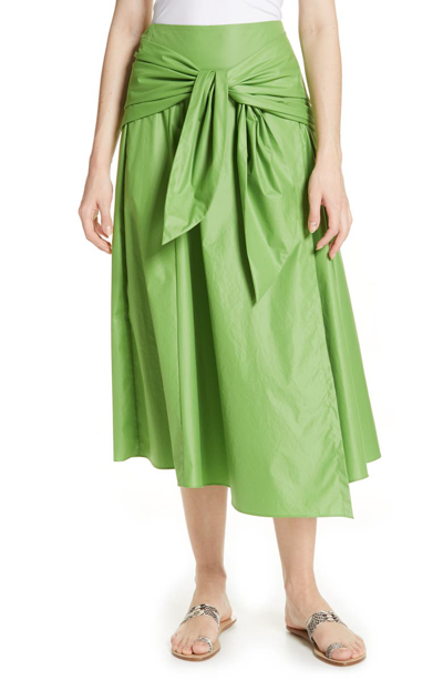 Shop Tibi Glossy Tie Waist Midi Skirt In Grass