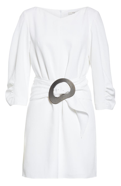 Shop Tibi Shirred Sleeve Drape Twill Dress In White