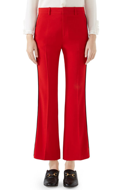 Shop Gucci Side Stripe Stretch Cady Crop Flare Pants In Red