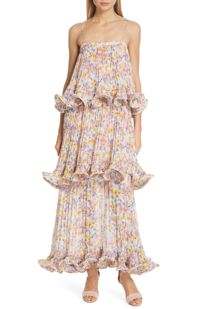 Shop Amur Dewy Floral Print Tiered Evening Dress In Multi