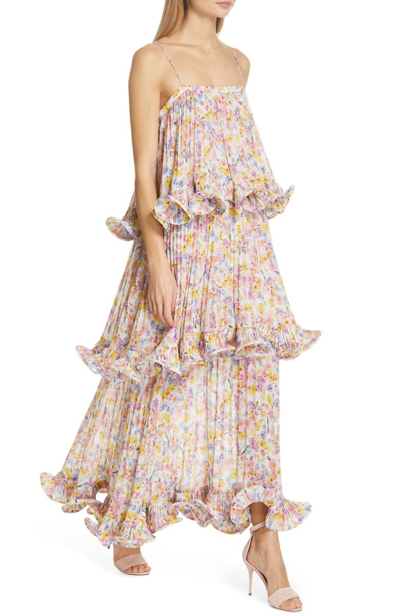 Shop Amur Dewy Floral Print Tiered Evening Dress In Multi