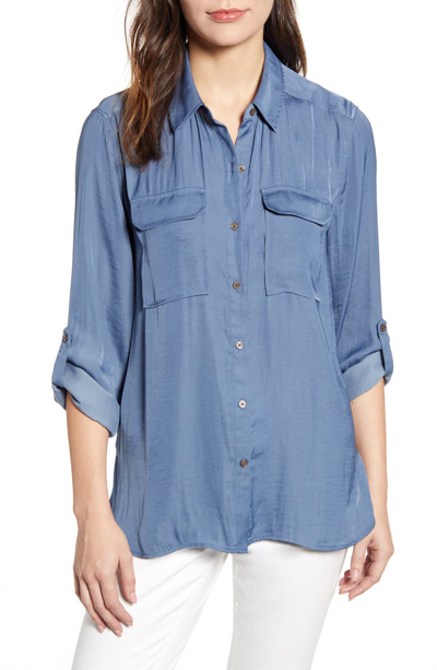 Shop Vince Camuto Two-pocket Rumple Blouse In Dusty Blue