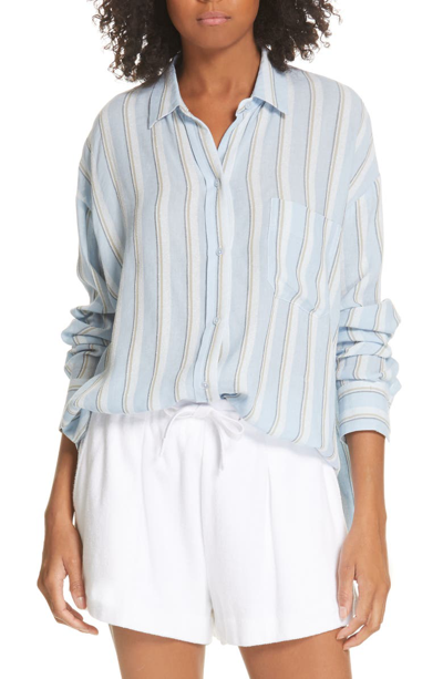 Shop Vince Textured Stripe Button Up Blouse In Surf Mist