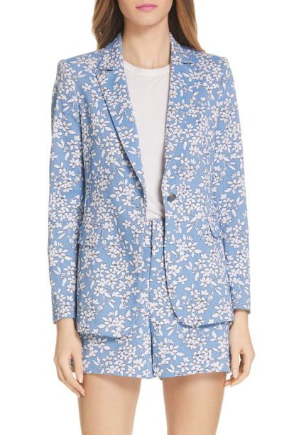 Shop Alice And Olivia Macey Floral Print Cotton Blend Blazer In Cornflower/ White