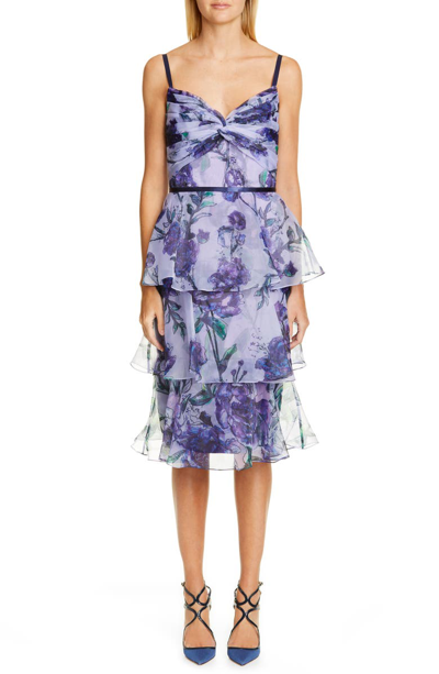Shop Marchesa Notte Floral Tiered Midi Dress In Lilac