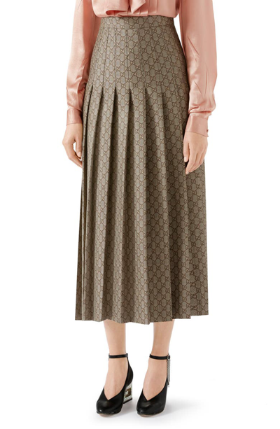 Shop Gucci Pleated Gg Canvas Skirt In Natural White/ Brown