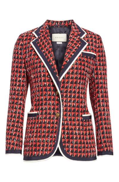 Shop Gucci Geo Tweed Jacket In Black/ Red/ White